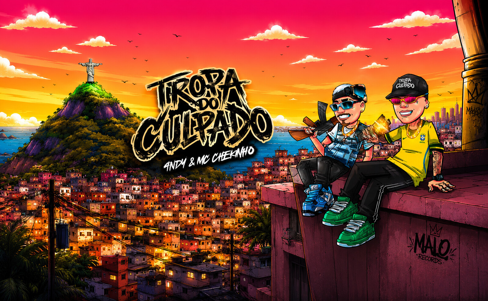 Portada de Tropa do Culpado, de 4NDY y MC Chekinho: una favela de Rio al atardecer, con los dos artistas ilustrados sentados en una azotea.